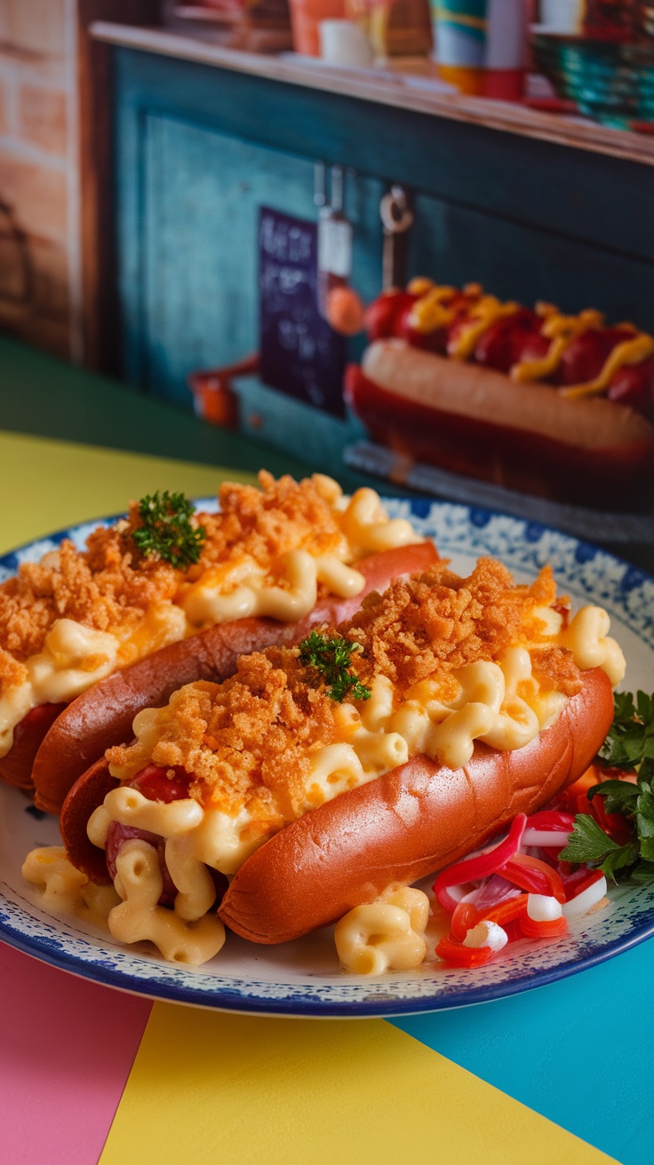 Cheesy Mac & Cheese Dogs with hot dogs and creamy macaroni, topped with bread crumbs in a cozy kitchen.